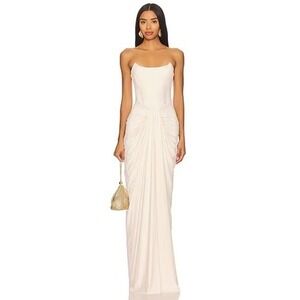 Cream Ruched Draped Strapless Gown Elegant Evening Formal Dress